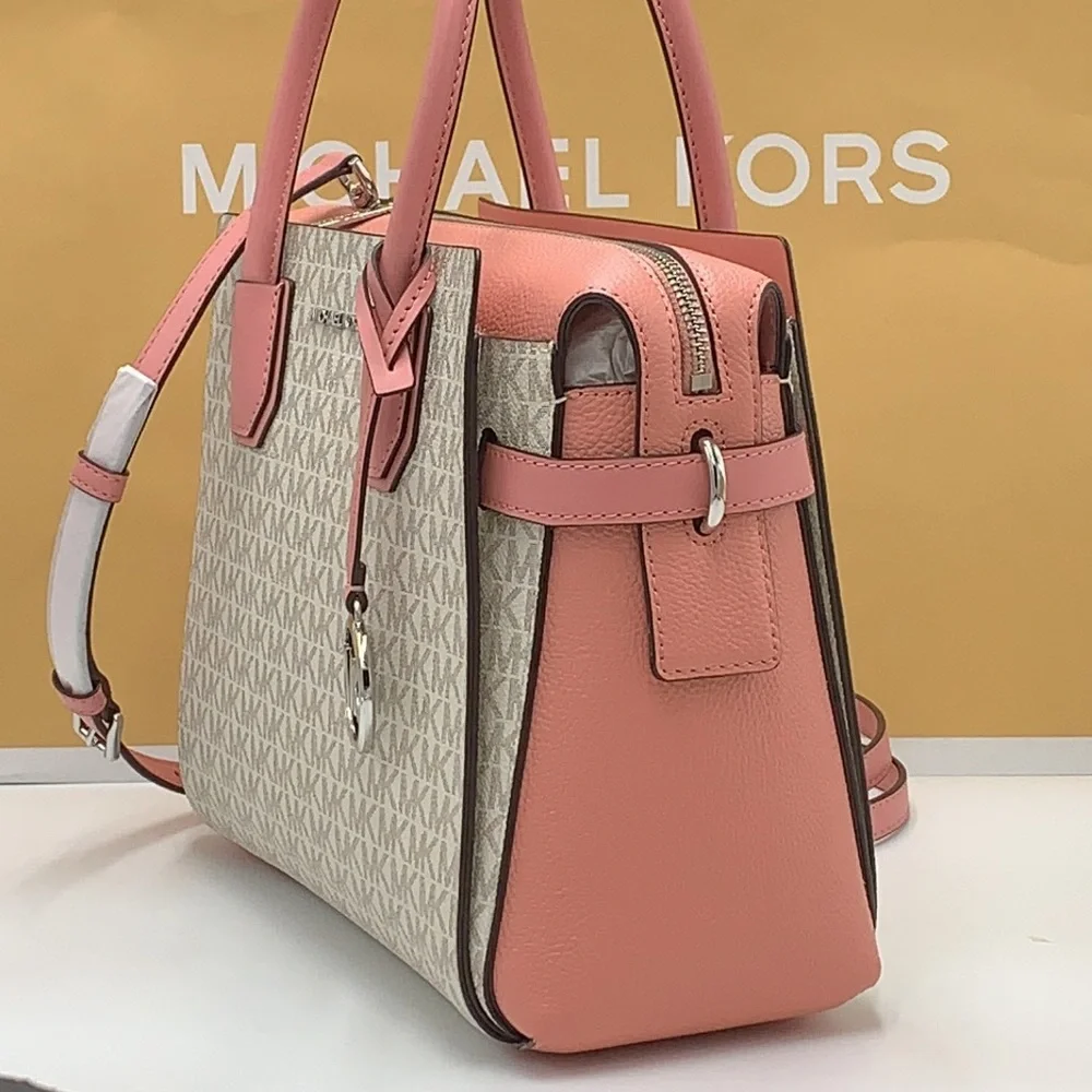 MICHAEL KORS MERCER MEDIUM TOP ZIP BELTED SATCHEL PRIMROSE MULTI SIGNATURE
